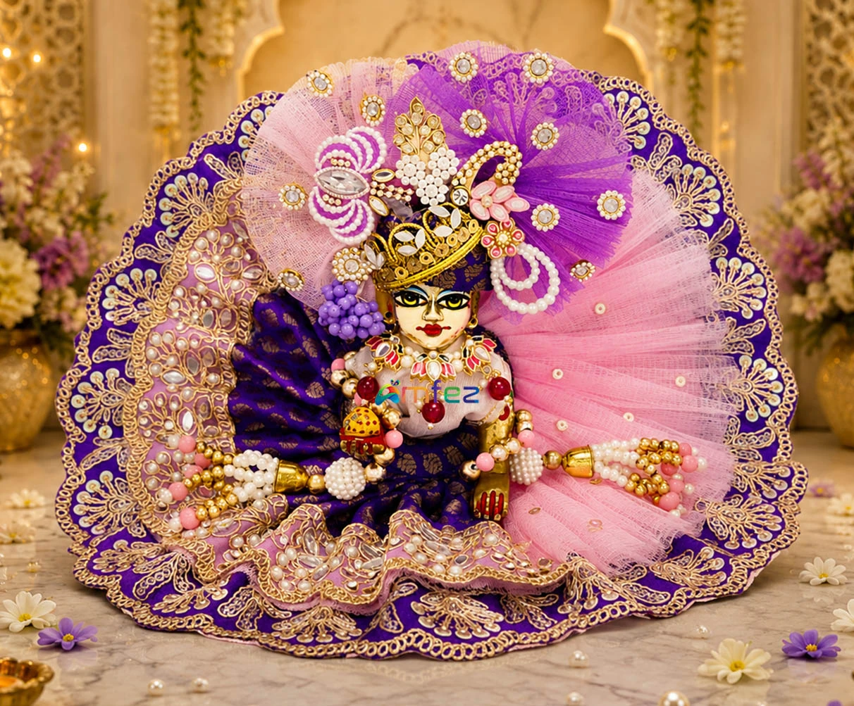 Designer Pink Purple Embroidery Lace Work Laddu Gopal Dress