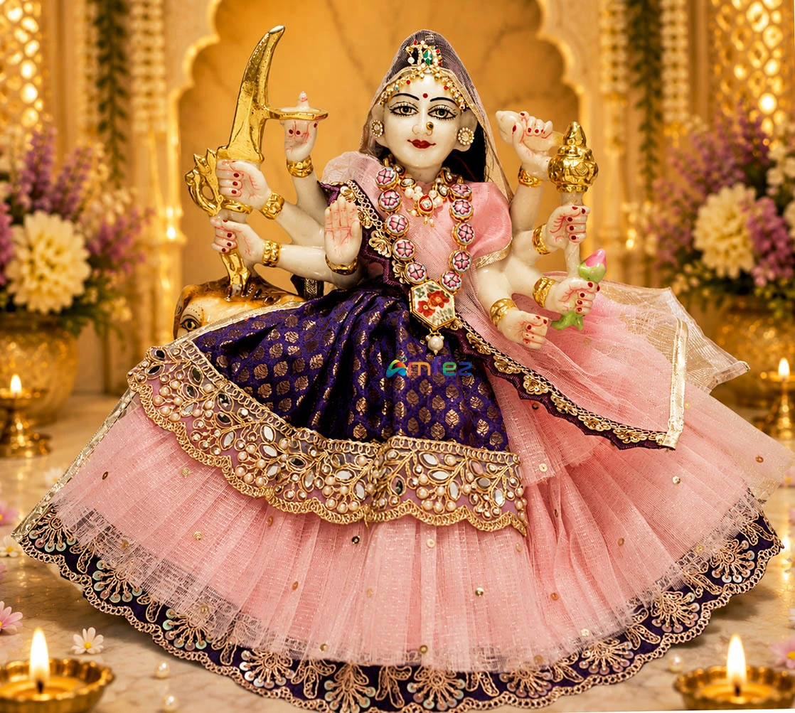 Designer Pink & Purple Embroidery Lace Work Durga Ji Dress