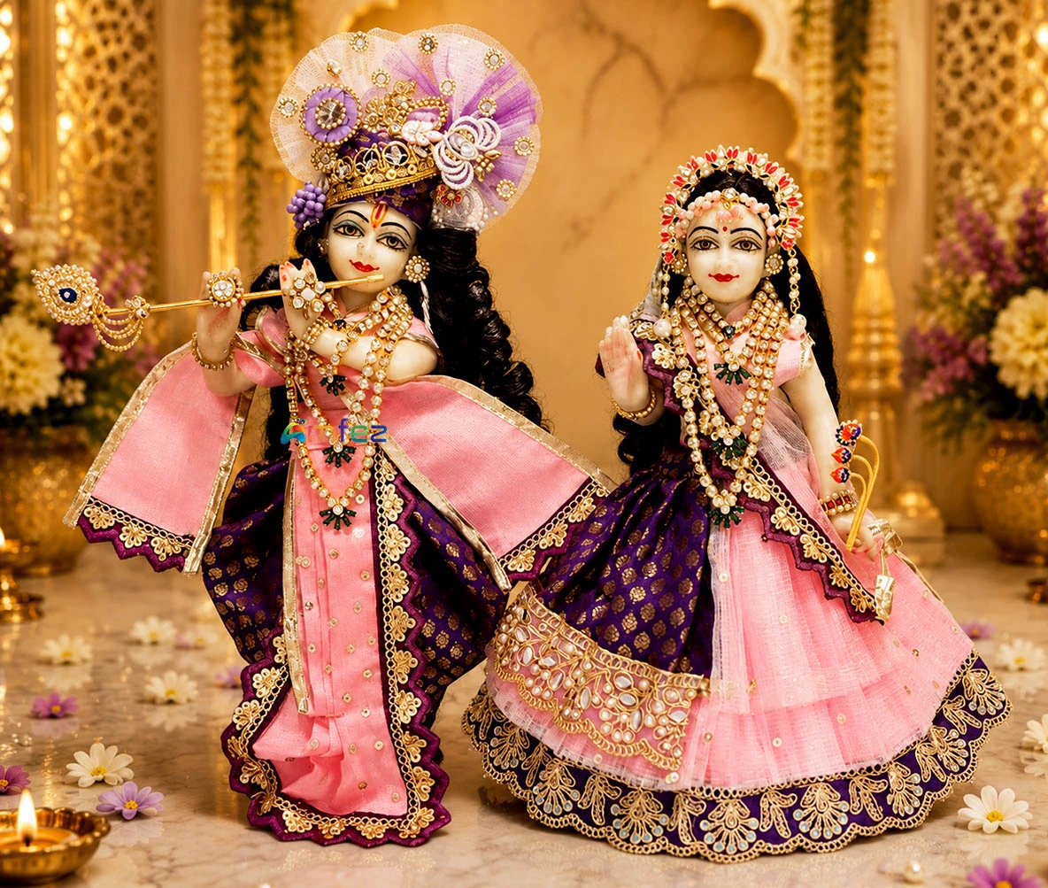 Designer Pink Purple Embroidery Lace Work Radha Krishna Dress