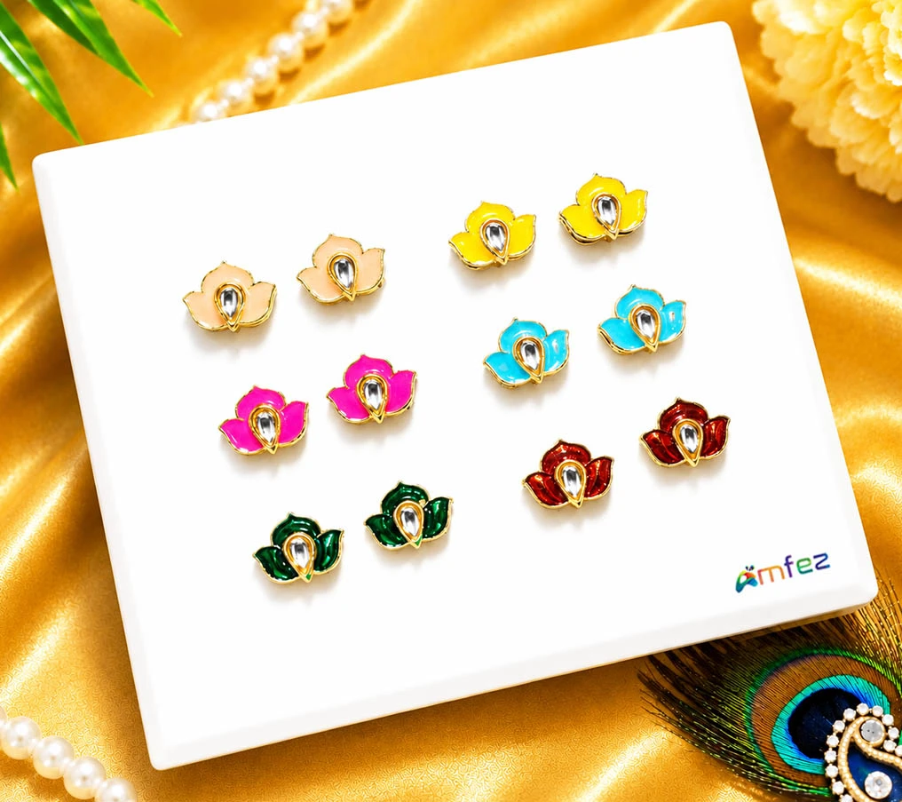 A Pair of Six Multi Kundan Meena Work Pasting Ear Rings ( Large )
