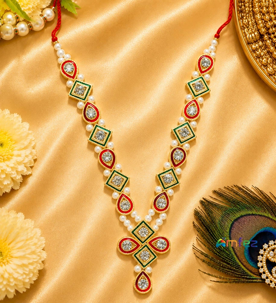Red Green Kundan Pearl Beads Necklace ( 5.5 Inch )