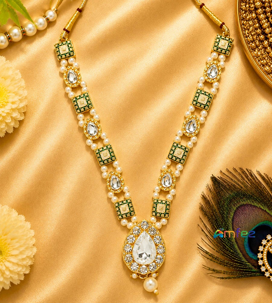 Green Stone Pearl Beads Necklace ( 5 Inch )