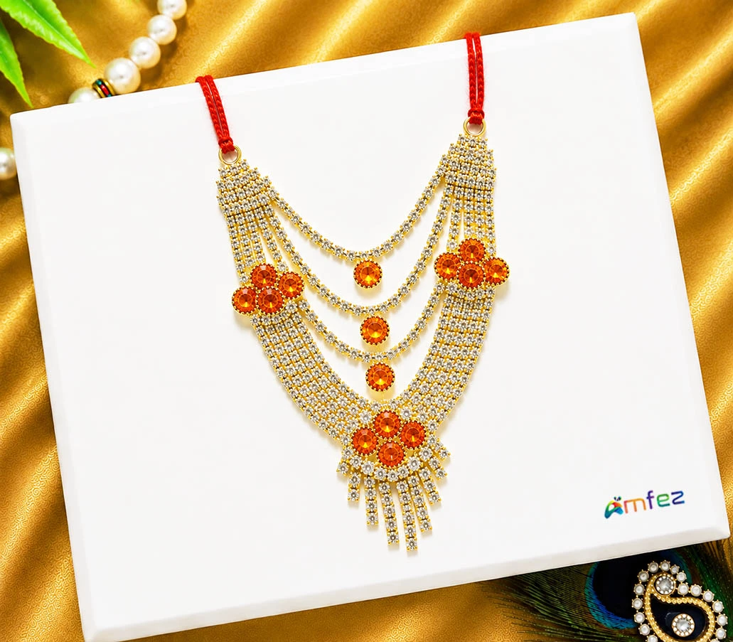 Red/ Orange Multi Stone Layers Work Necklace ( 3 Inch )