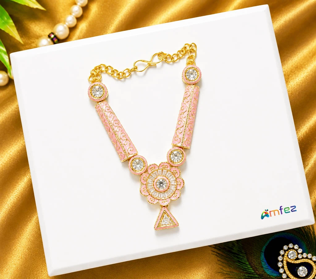 Pink AD Stone Meena Work Necklace ( 3 Inch )
