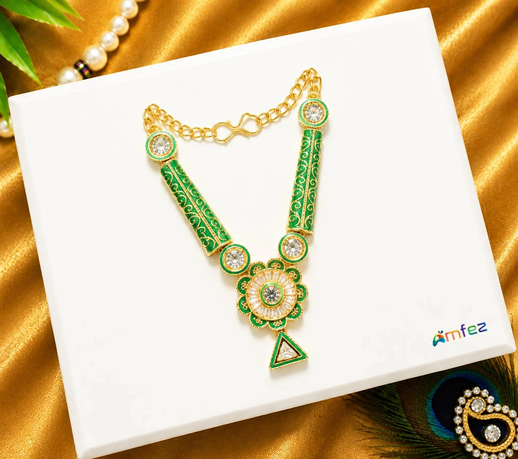 Green AD Stone Meena Work Necklace ( 3 Inch )