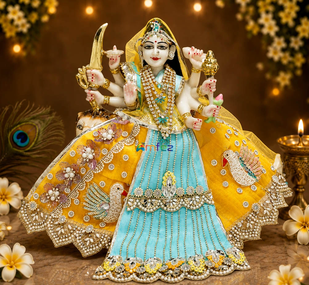 Designer SkyBlue & Yellow Embroidery Stone Patch Work Durga Ji Dress