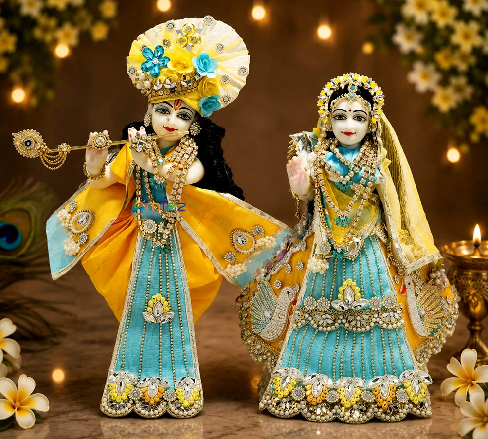 Designer SkyBlue Yellow Heavy Stone Patch Work Radha Krishna Dress