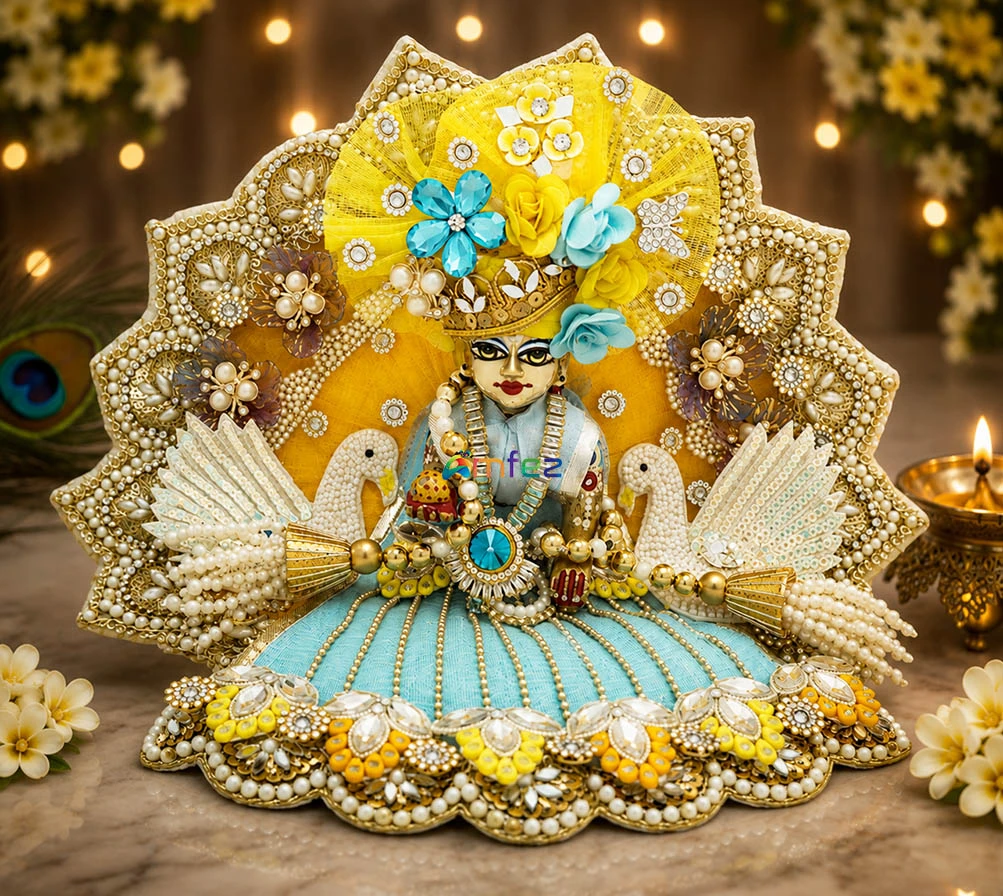 Designer SkyBlue Yellow Heavy Stone Patch Work Laddu Gopal Dress
