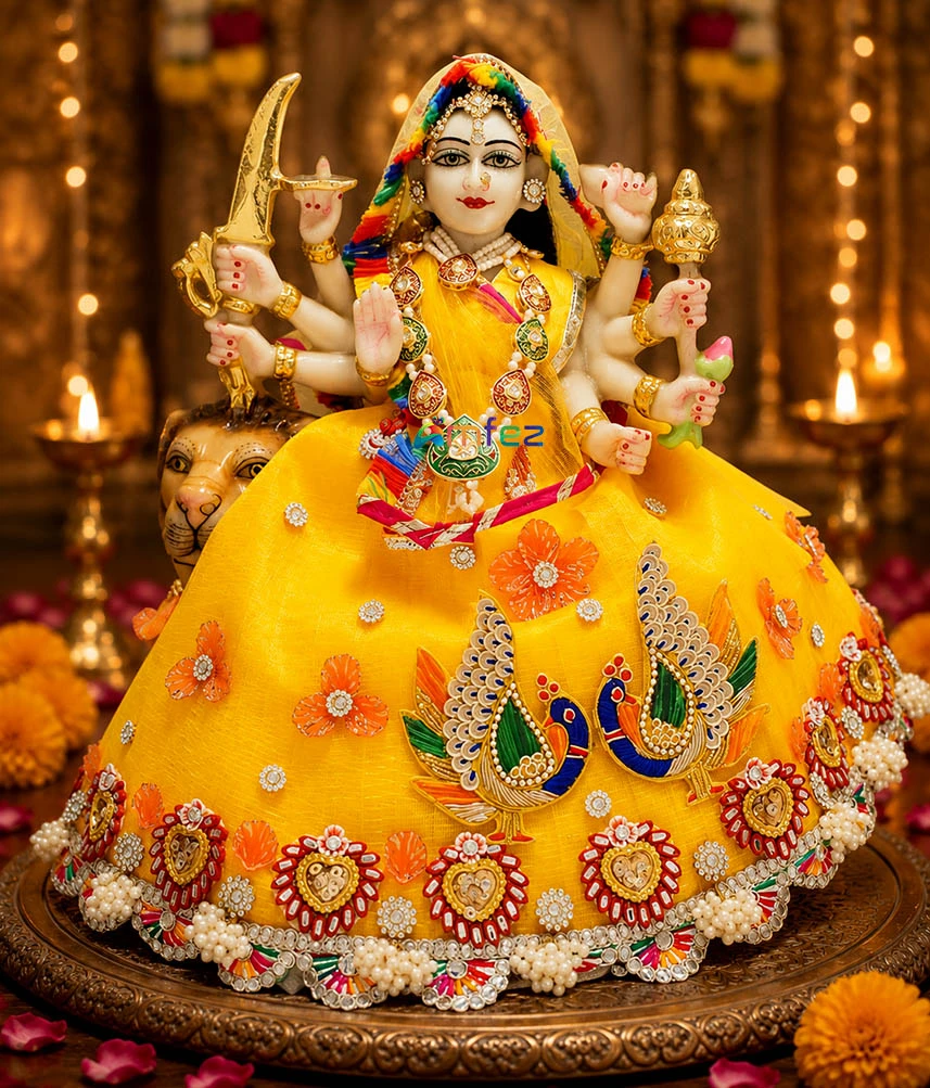 Designer Yellow heavy Stone Patch Lace Work Durga Ji Dress