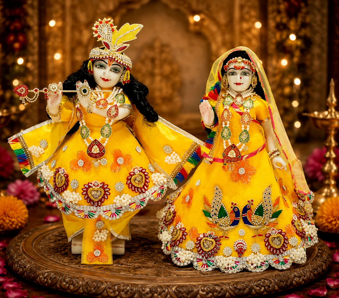 Designer Yellow heavy Stone Patch Lace Work Radha Krishna Dress