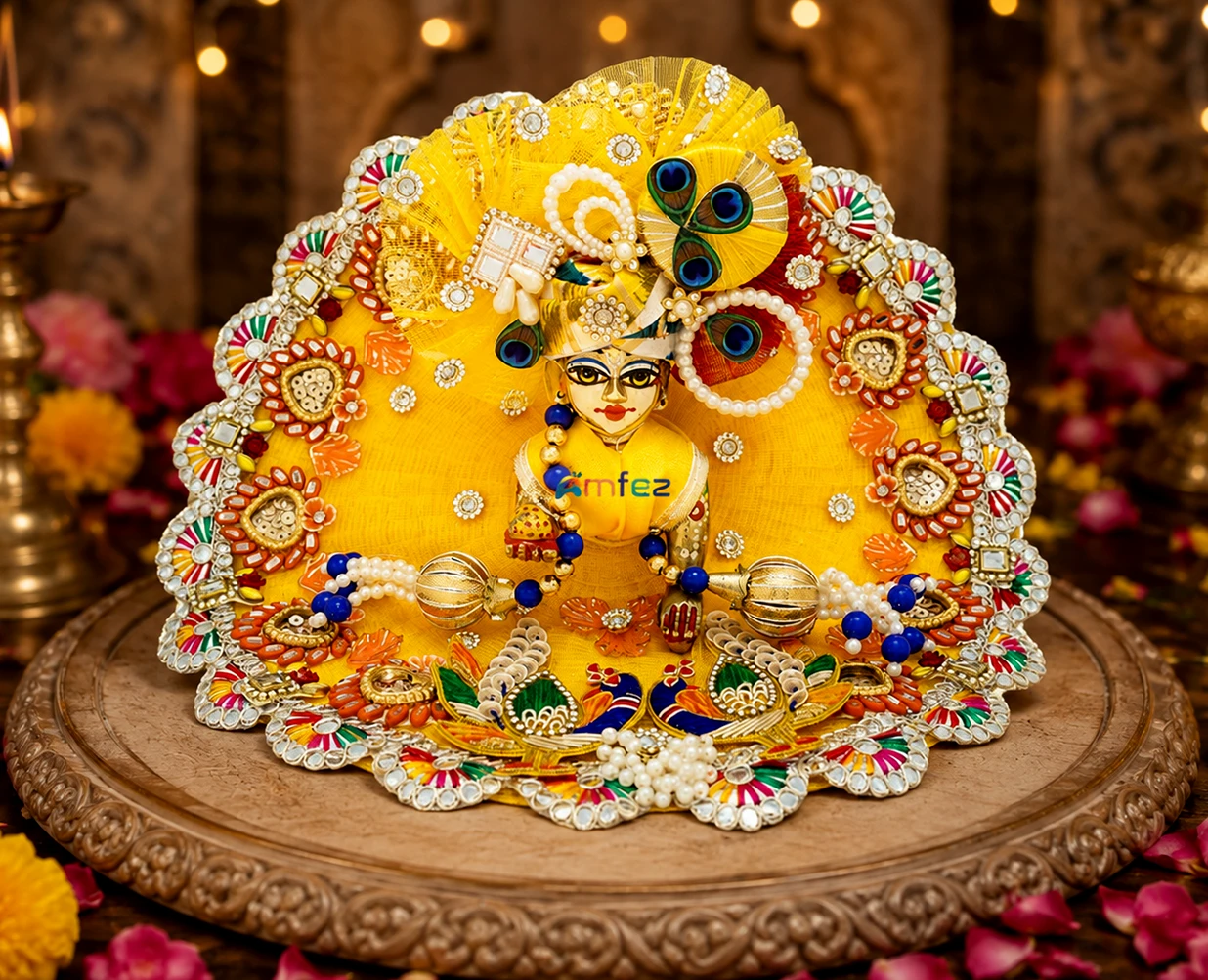 Designer Yellow heavy Stone Patch Lace Work Laddu Gopal Dress