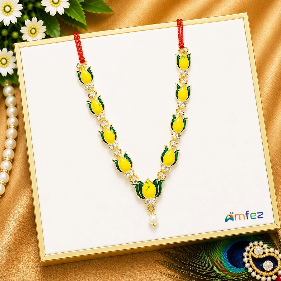 Beautiful Yellow Green Stone Meena Work Necklace ( 3 Inch )