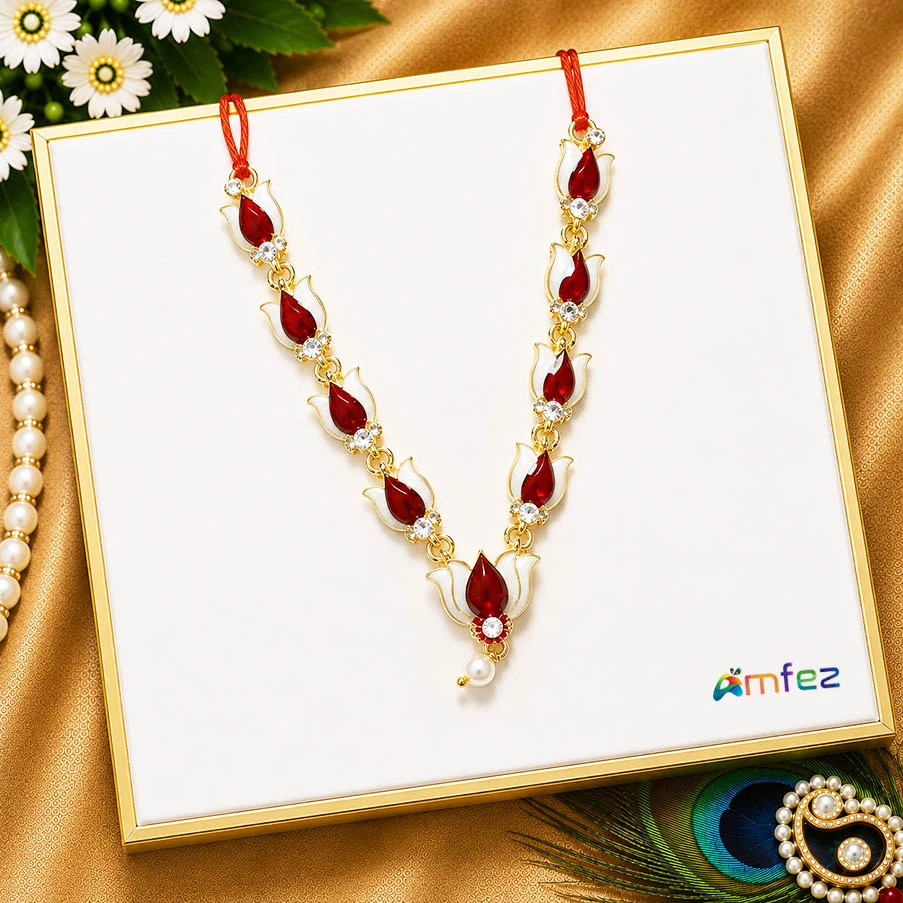 Beautiful Red & White Stone Meena Work Necklace ( 3 Inch )