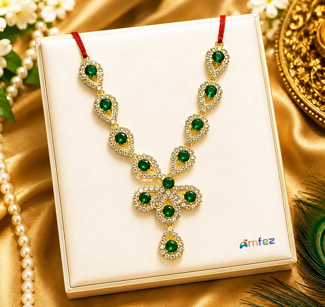 Elegant Green Stone Work Necklace ( 4 Inch )