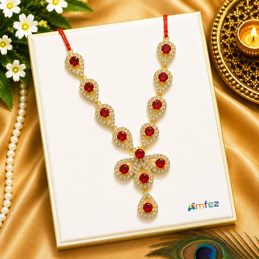 Elegant Red Stone Work Necklace ( 4 Inch )