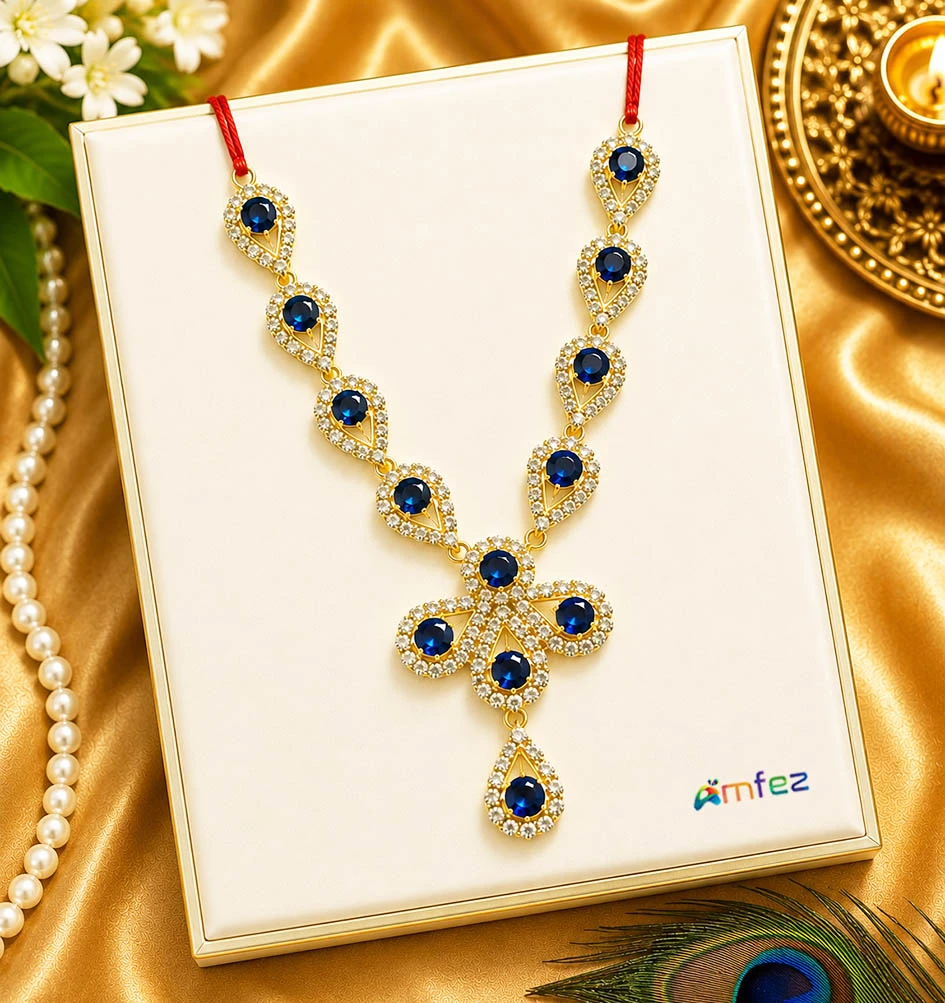 Elegant Blue Stone Work Necklace ( 4 Inch )
