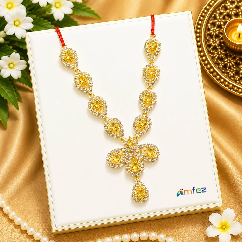 Elegant Yellow Stone Work Necklace ( 4 Inch )