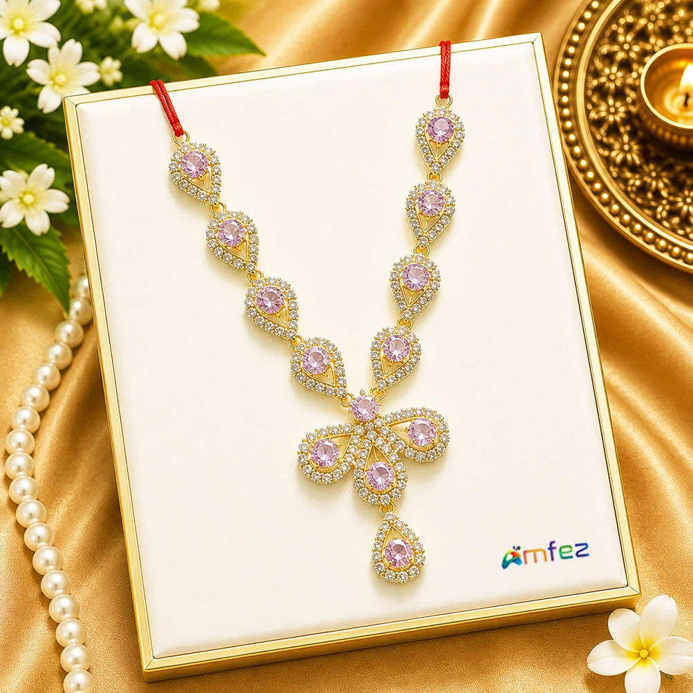 Elegant Pink Stone Work Necklace ( 4 Inch )
