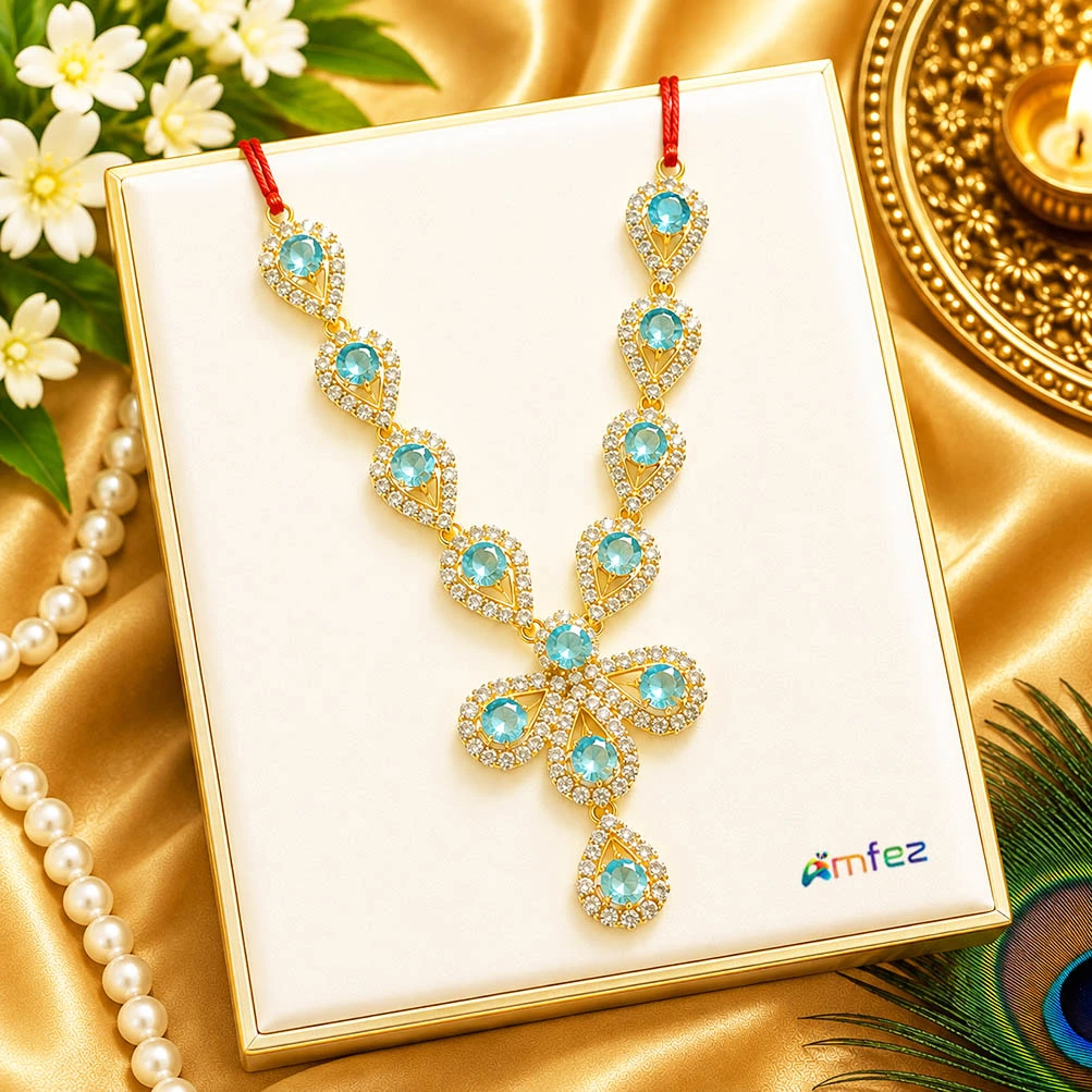 Elegant SkyBlue Stone Work Necklace ( 4 Inch )
