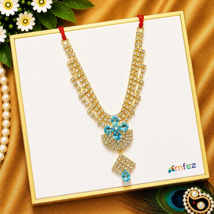 Beautiful SkyBlue & White Stone Work Necklace ( 3.5 Inch )