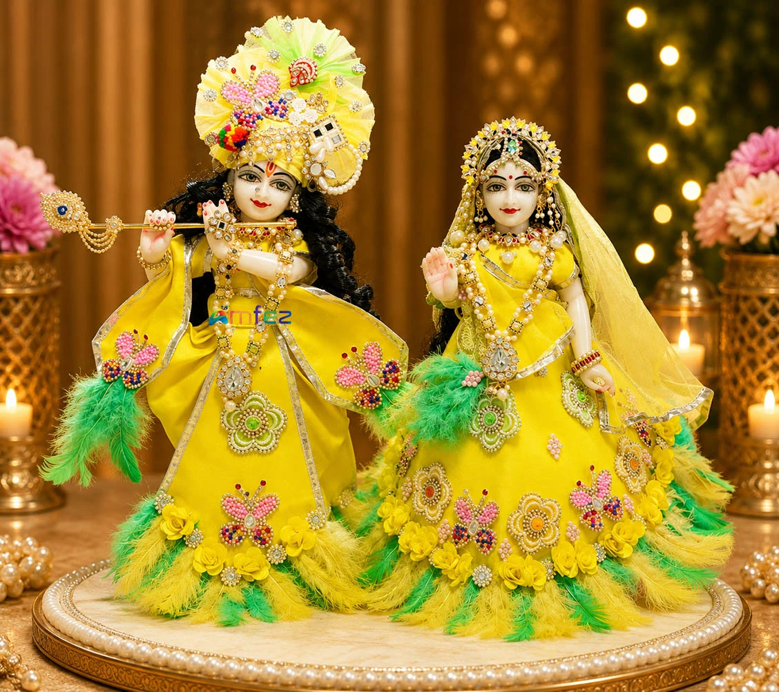 Designer Yellow Green Stone Patch Feather Radha Krishna Dress