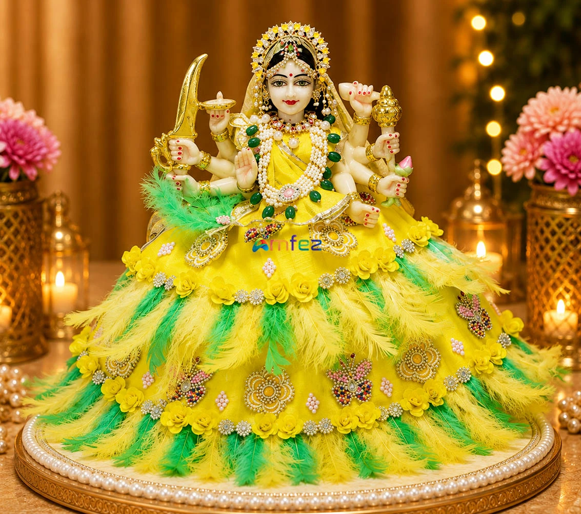 Designer Yellow Green Stone Patch feather Work Durga Ji Dress