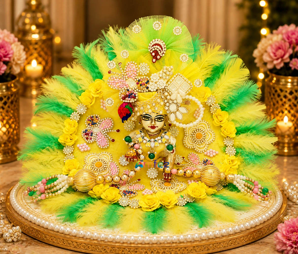 Designer Yellow Green Stone Patch Feather Laddu Gopal Dress