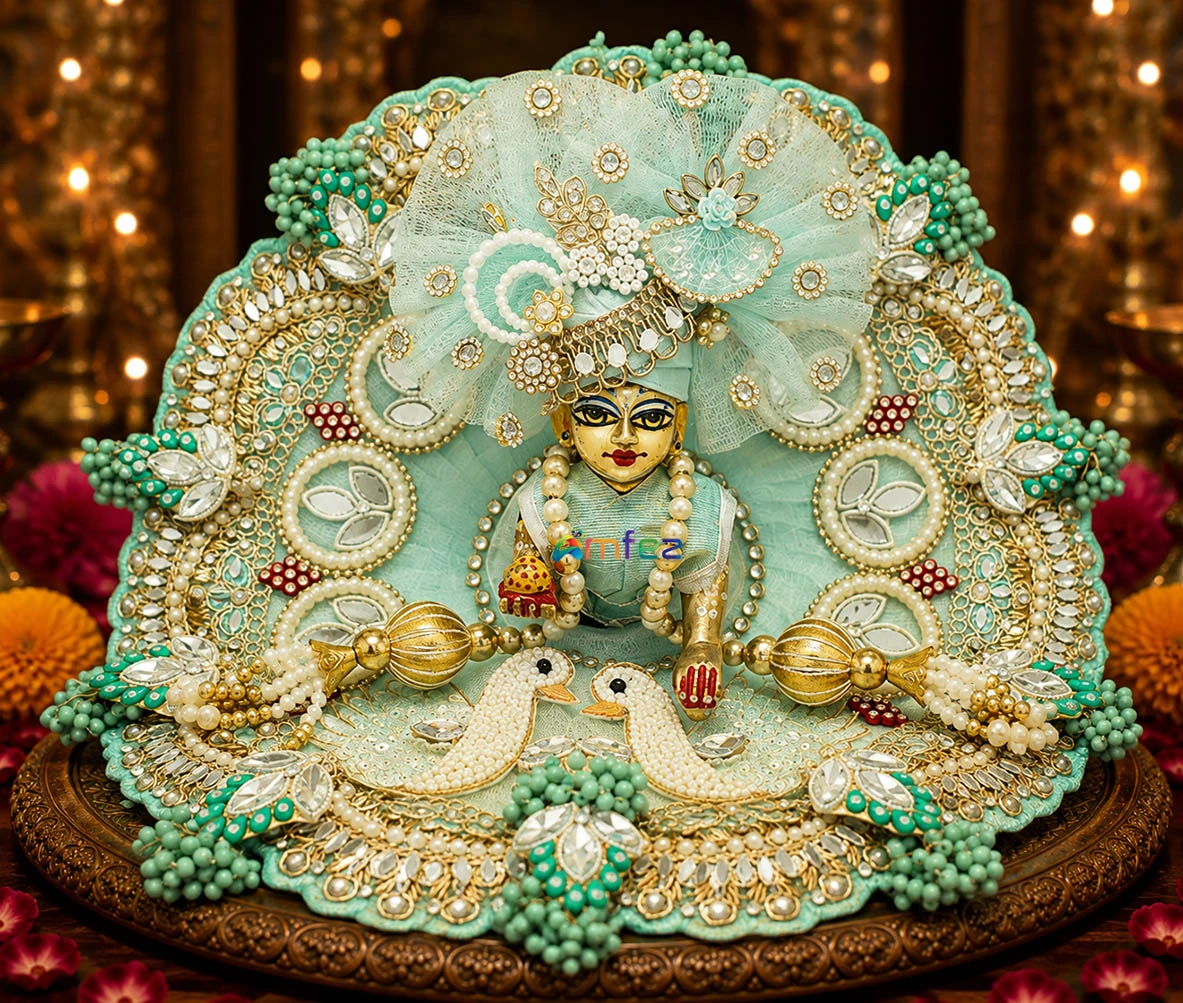 Designer Sea Green Heavy Stone Pearl Lace Work Laddu Gopal Dress