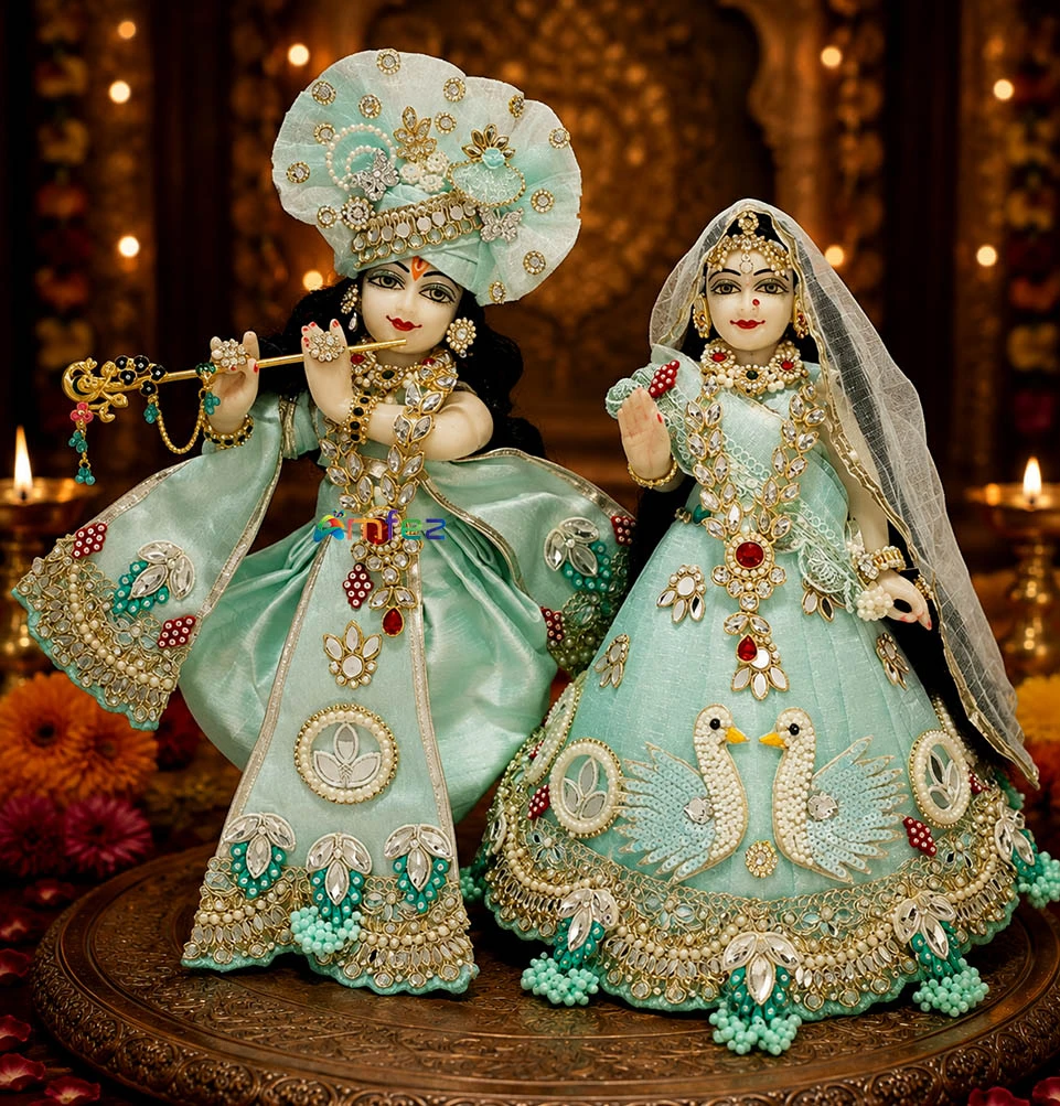 Designer Sea Green Heavy Stone Pearl Lace Work Radha Krishna Dress