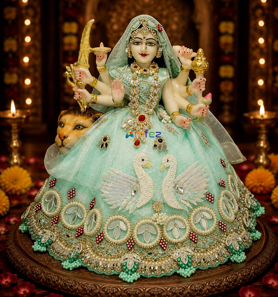 Designer Sea Green Heavy Stone Pearl Lace Work Durga Ji Dress