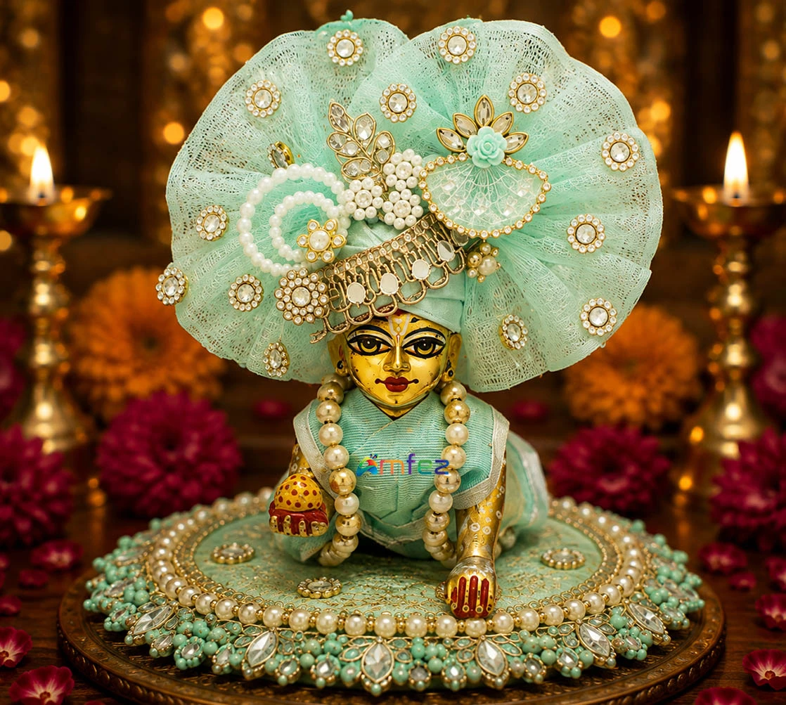 Laddu Gopal Sea Green Heavy Stone Patch Work Designer Pugdi