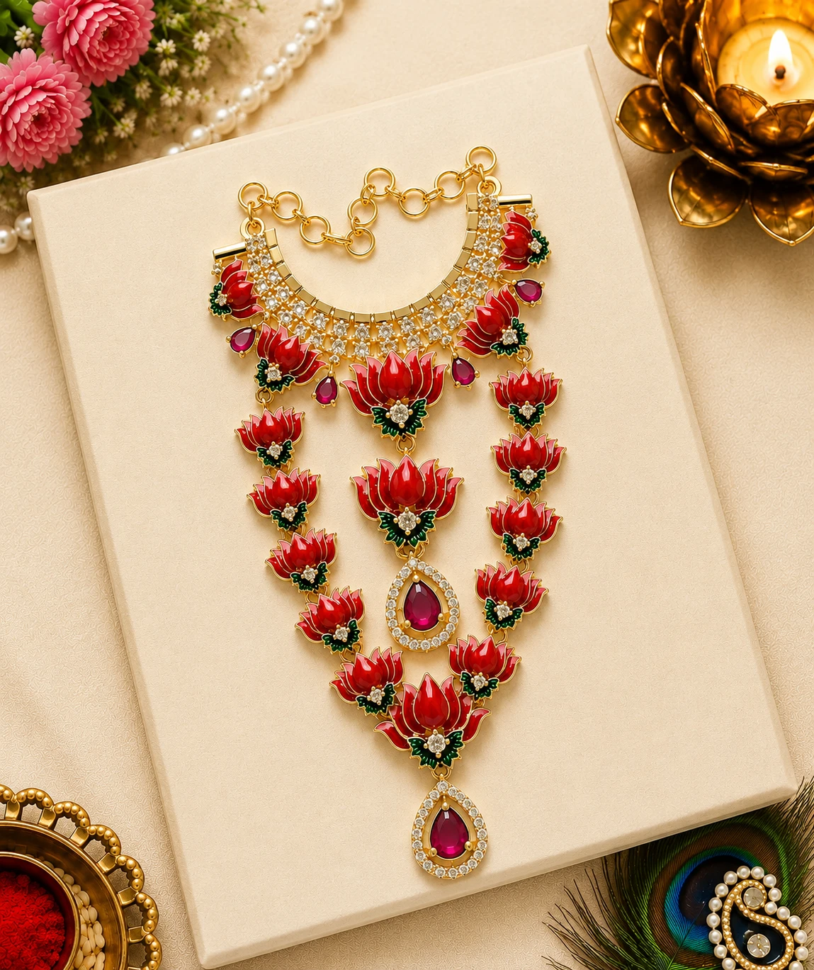 Beautiful Pink AD Stone Meena Work Heavy Lotus Necklace