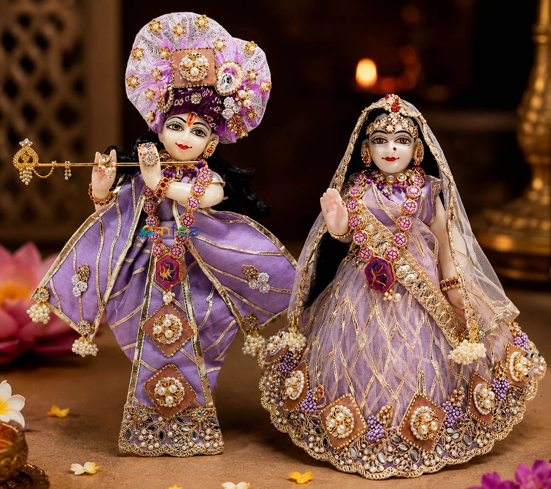 Designer Lavender Heavy Stone Lace Patch Work Radha Krishna Dress — Radha Krishna Janmashtami Dress