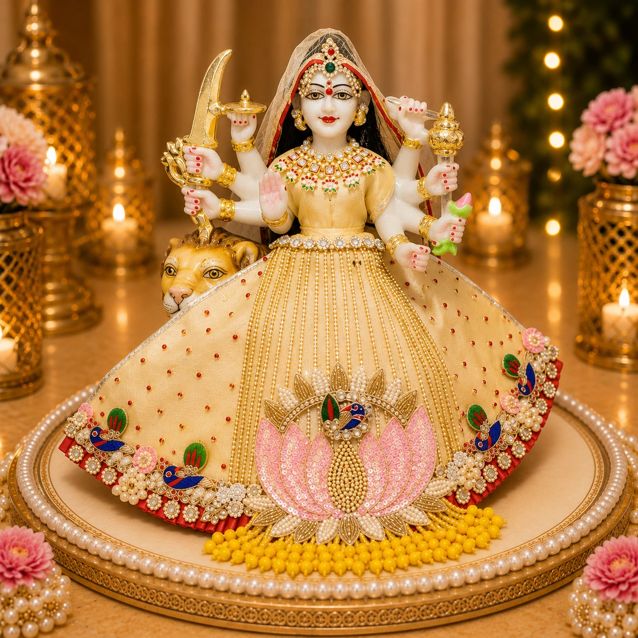 Beautiful Golden Hand Embroidery Patch Work Durga Ji Dress