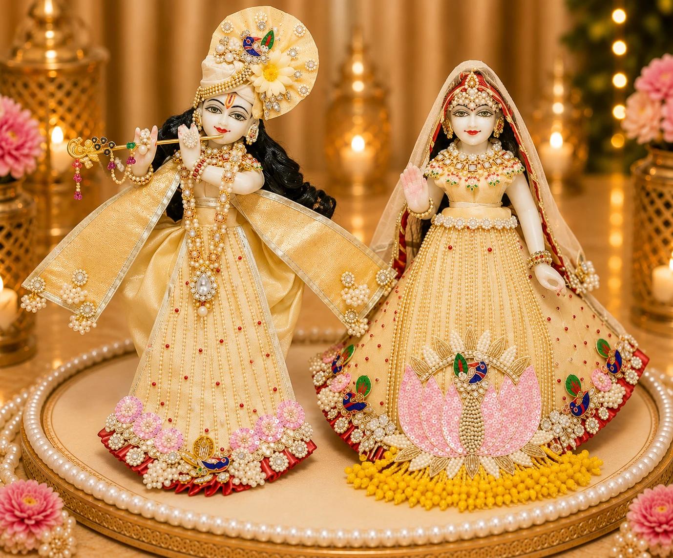 Designer Golden Hand Embroidery Patch Stone Work Radha Krishna Dress