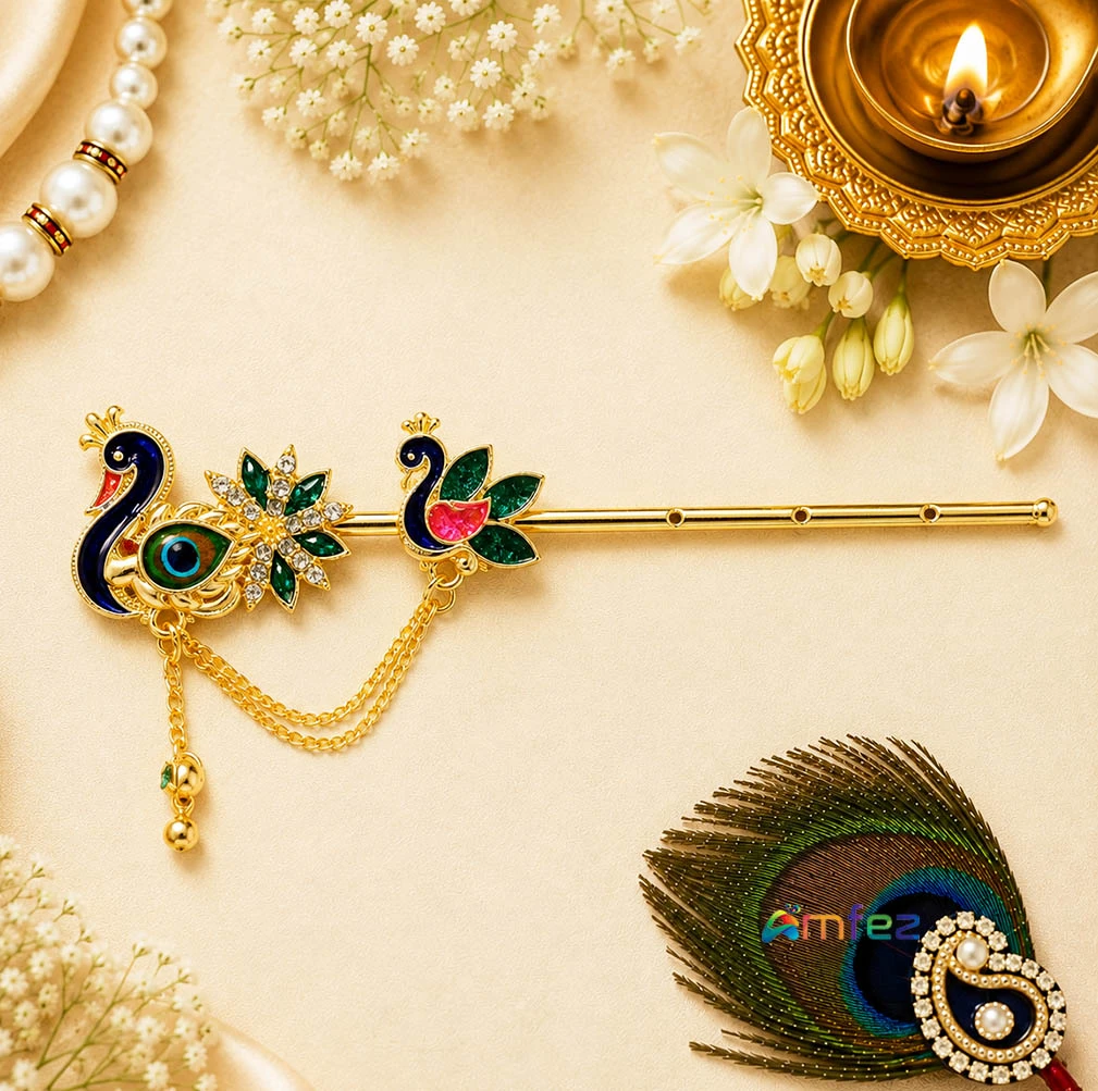 Golden Multi CZ Stone Meena Work Peacock Flute ( 5 & 6 Inch )