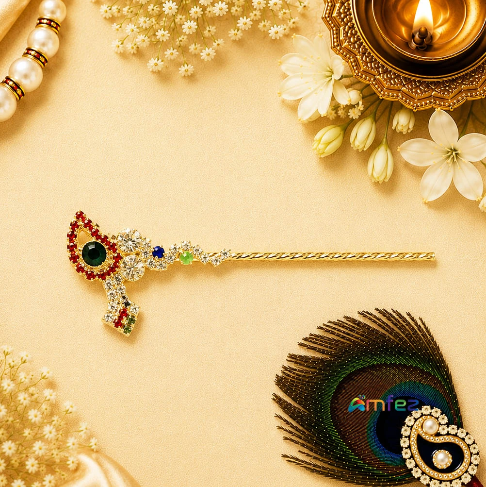 Beautiful Golden Multi CZ Stone Work Flute ( 3 Inch )