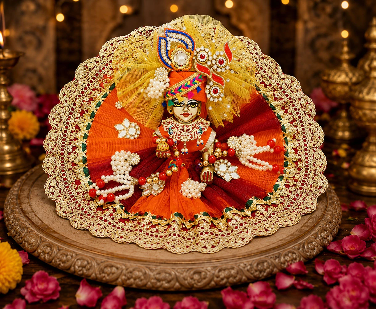 Designer Red Orange Embroidery Lace Patch Work Laddu Gopal Dress