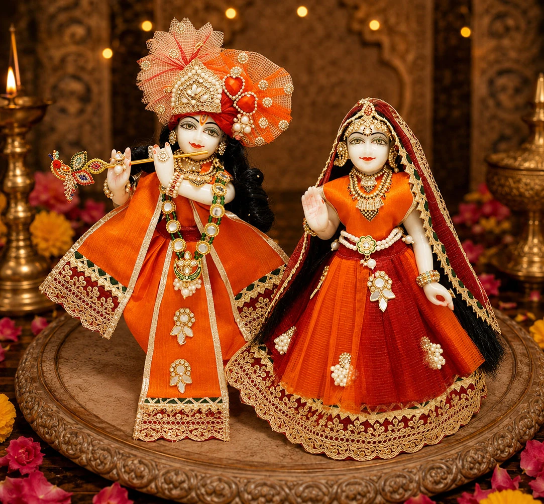 Designer Red Orange Embroidery Lace Patch Work Radha Krishna Dress