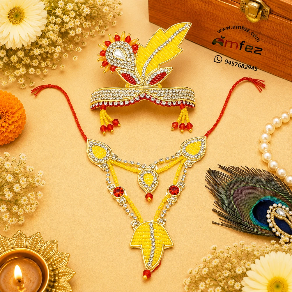 Red & Yellow Handwork Zardozi Mukut Mala Set