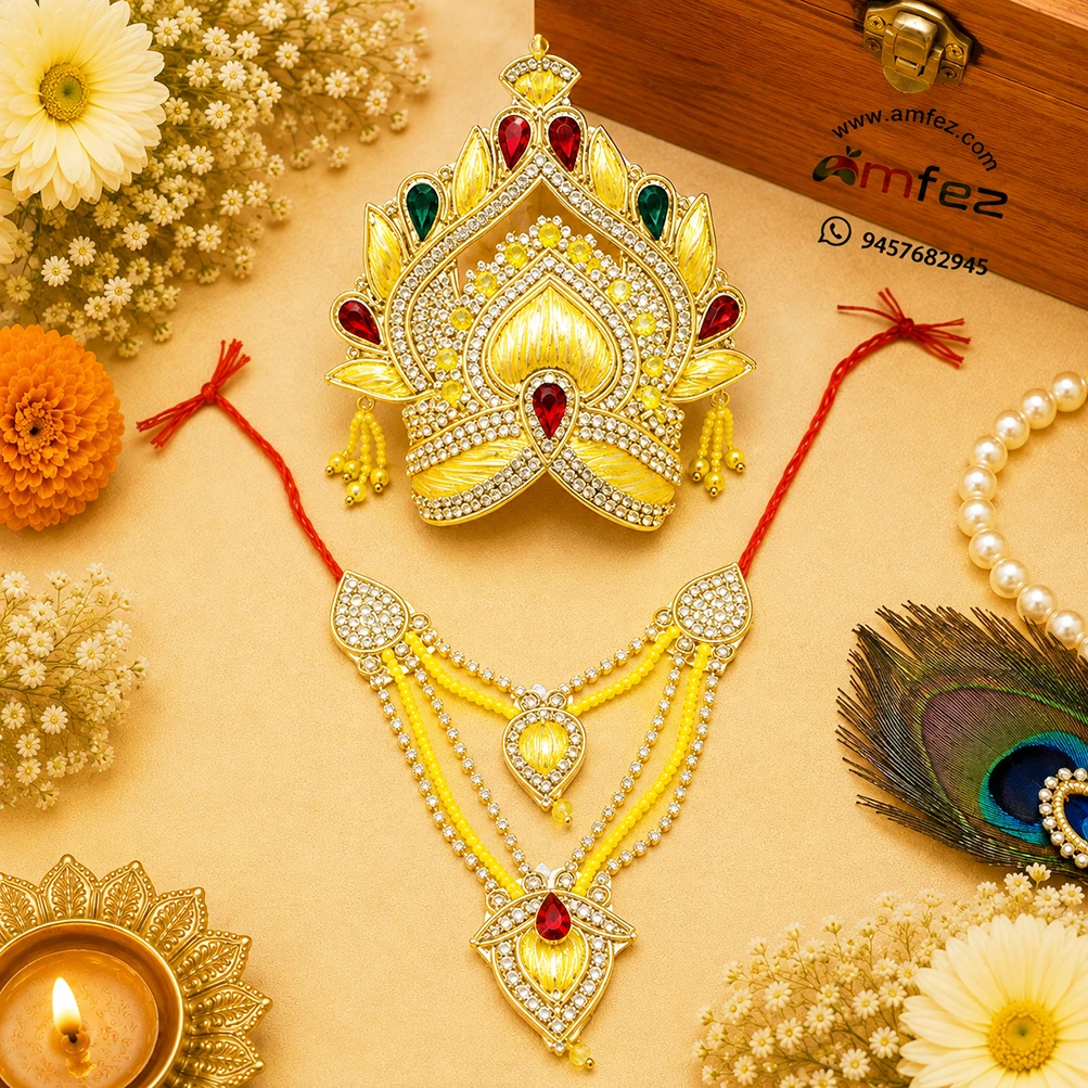 Yellow Multi Stone Work Zardozi Mukut Mala Set