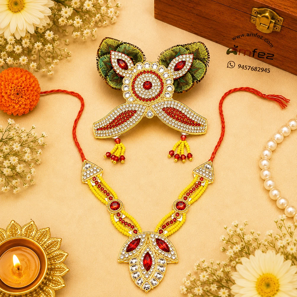 Red Peacock Feather Zardozi Mukut Mala Set