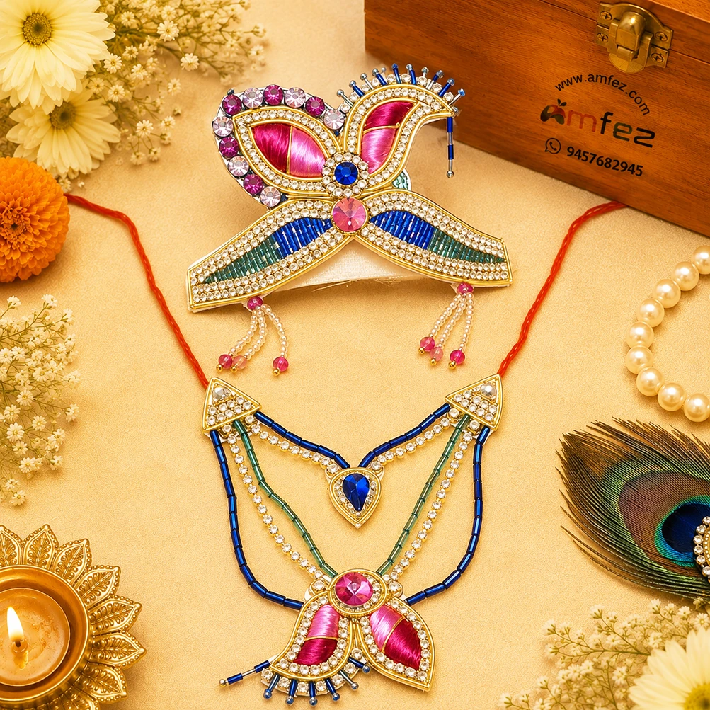 Pink & Blue Handwork Zardozi Mukut Mala Set