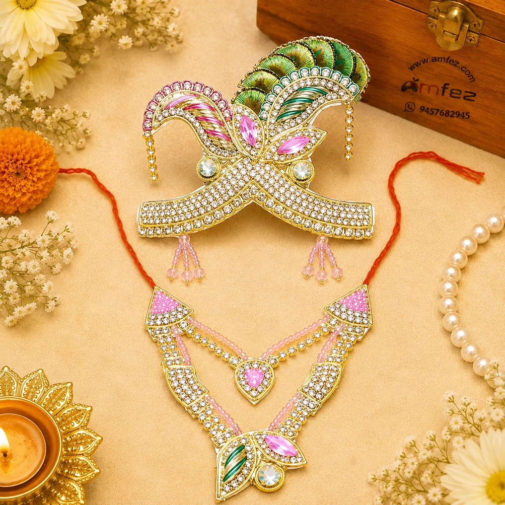 Beautiful Pink Peacock Feather Zarozi Mukut Mala Set