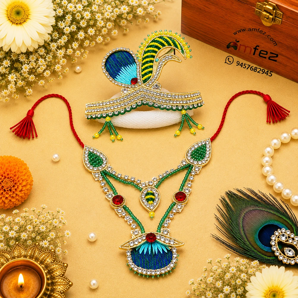 Green Peacock Handwork Zari Work Mukut Mala Set