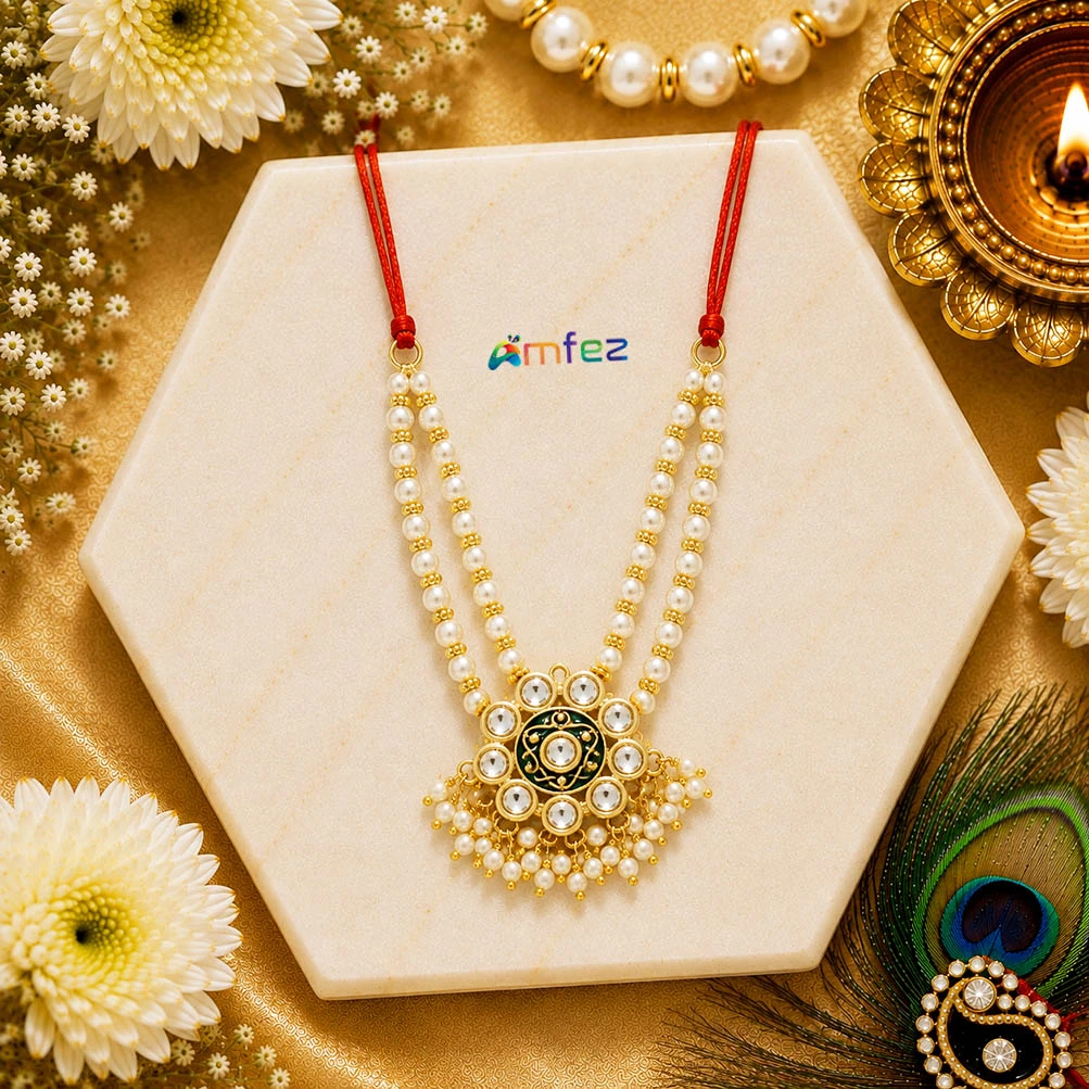 Multi Kundan Pearl Beads Work Necklace/Mala ( 3.5 Inch )
