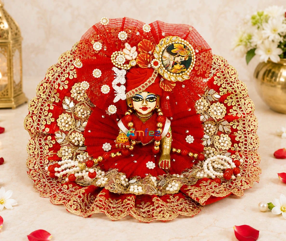 Beautiful Red Mirror Embroidery Lace Work Laddu Gopal Dress