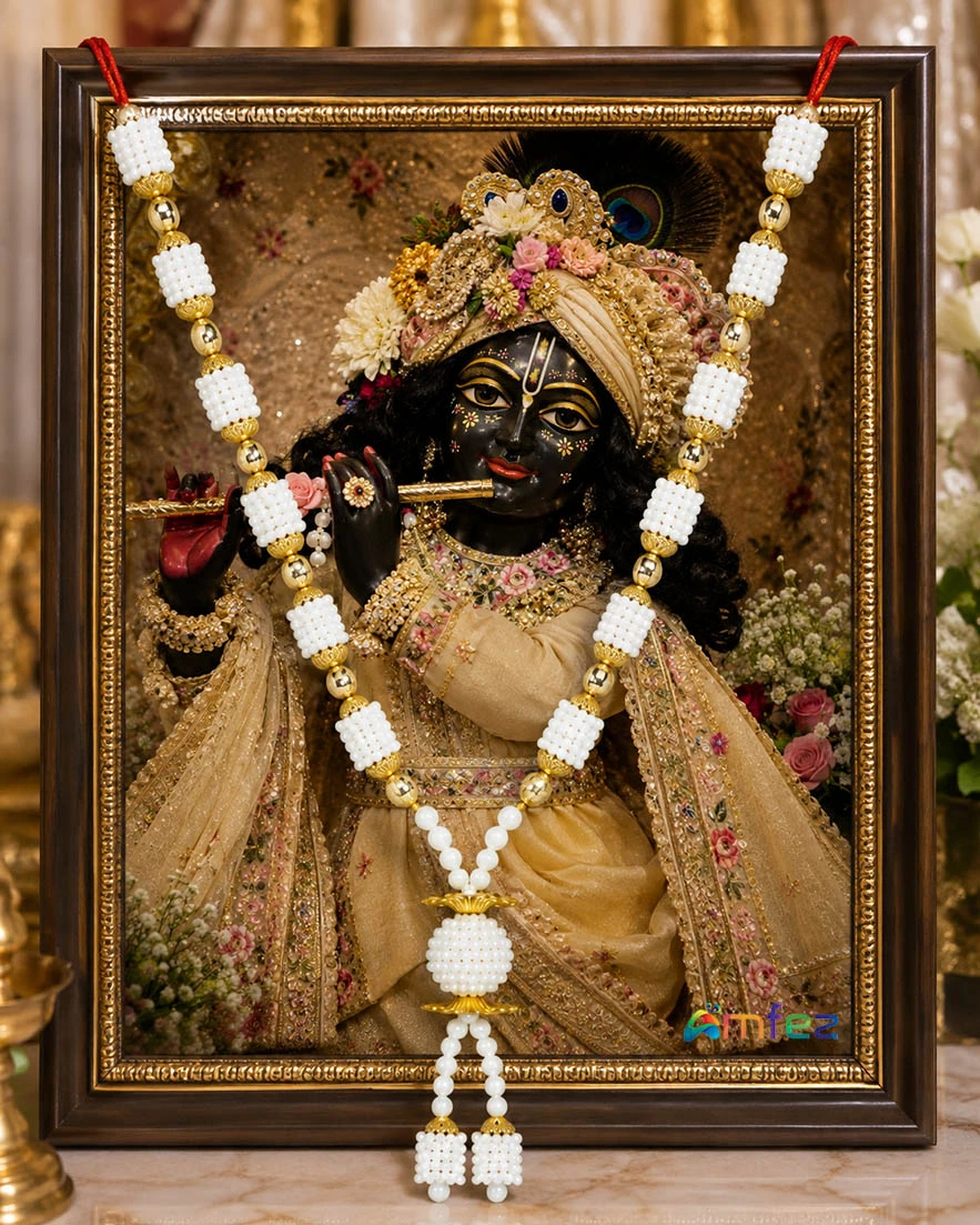 White Square Pearl Beads Work Garland / Mala ( 12 Inch)