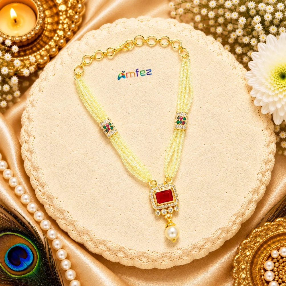 Red & White AD Stone Pearl Beads Work Necklace (3.5 Inch )