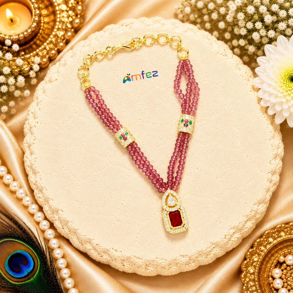 Pink AD Stone Pearl Beads Work Necklace (3.5 Inch )